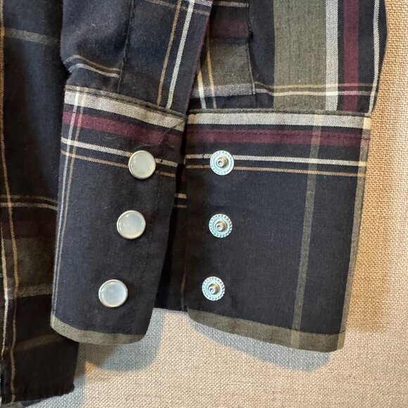 Plains Western Wear Snap Front Plaid Shirt Medium Black Olive Maroon Pearl Snap - Picture 3 of 7